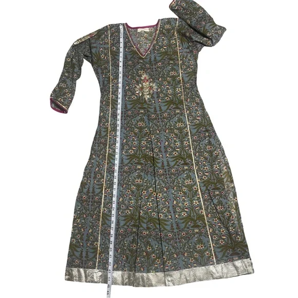 Maison Shefali Hand Block Print Dress - Small - Blue/White/Green Floral - Picture 6 of 11